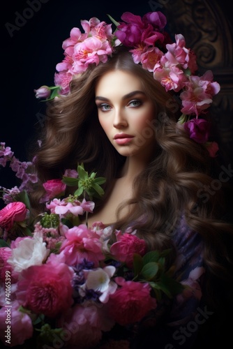 woman with colorful flowers elegantly tucked into her hair, exuding a sense of natural beauty and grace