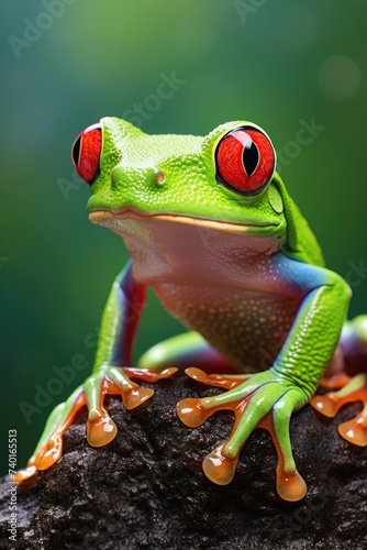 A frog with red eyes sitting on a rock. Suitable for nature and wildlife themes