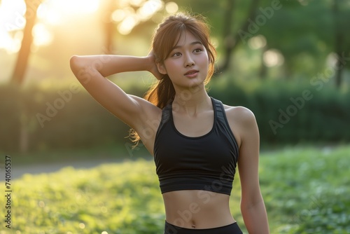 Fitness-focused female woman in activewear poses during sunset, soft light caressing face. Asian woman in sportswear takes a break, basking in the golden glow of evening light