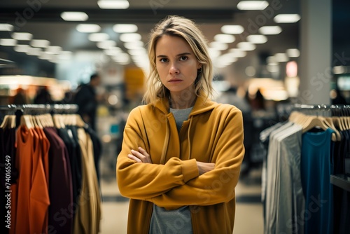 Defiant Woman Shopper in Retail Store Crossing Arms Unhappily. Concept Shopping, Defiant, Retail Store, Unhappy, Body Language photo