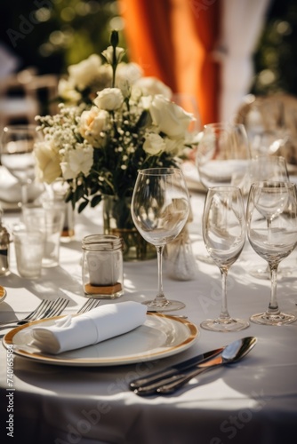 A beautifully arranged table set for a formal dinner. Perfect for event planning
