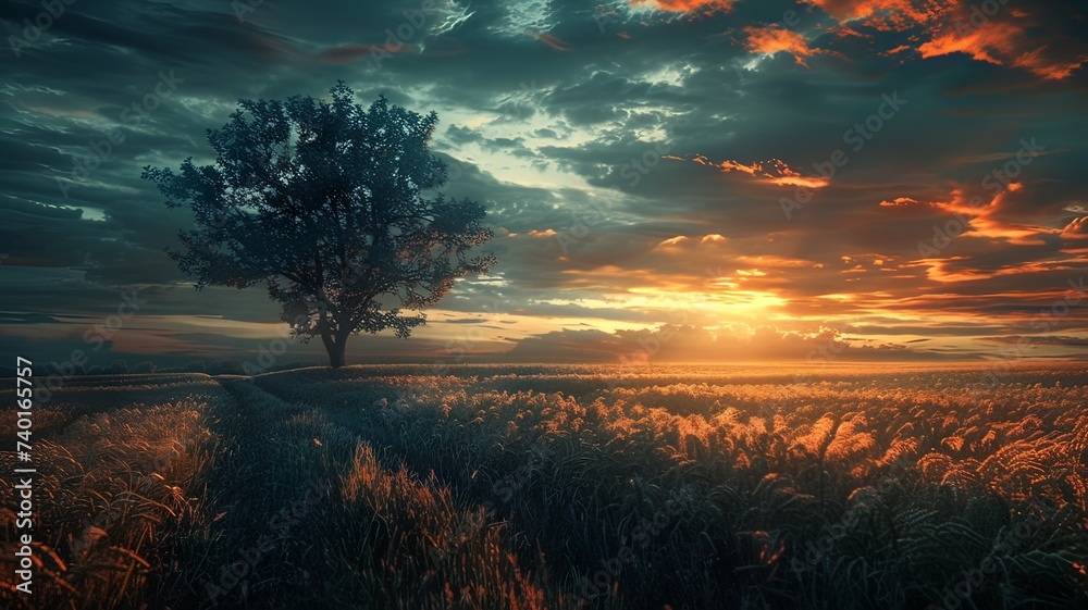 Illustration AI horizontal solitary tree against dramatic sunset skies . Landscape and nature concept.