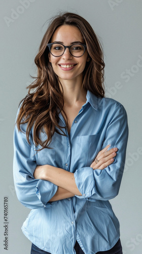 Portrait of beautiful young businesswoman in blue shirt and eyeglasses