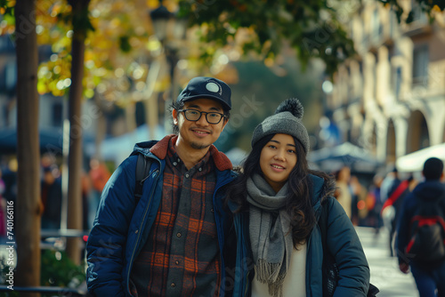 Young beautiful asian couple in Barcelona