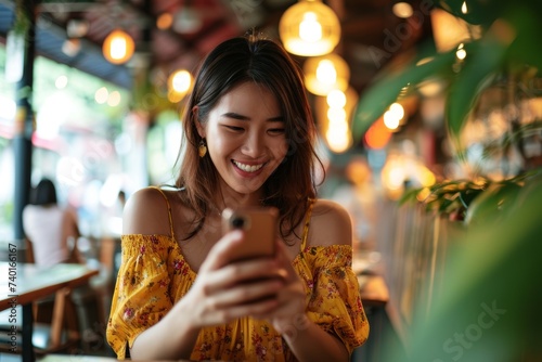 smartphone application communication Smiling pretty young woman in casual shirt sitting at table in cafe and checking messenger while using smartphone conversation text video calling with friend