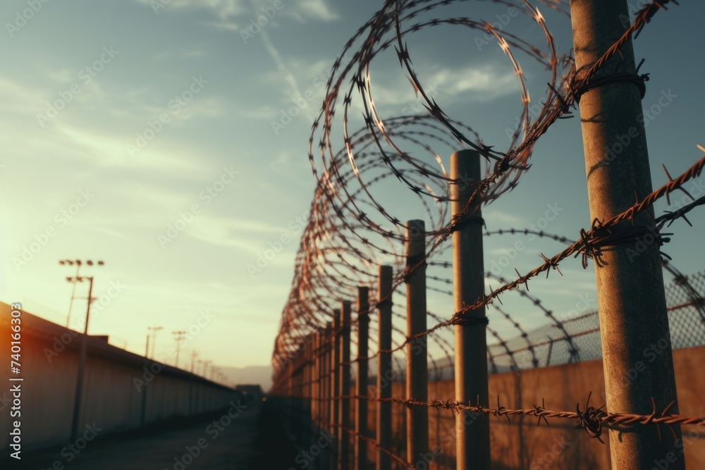 A fence with barbed wire for added security. Ideal for security concept designs