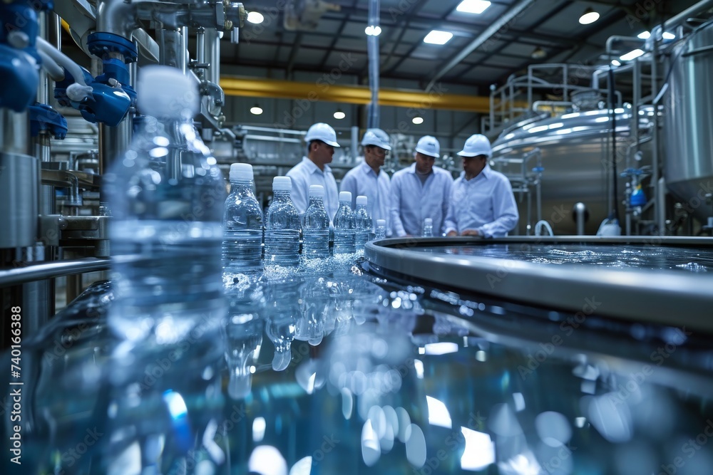 Modern factory process with team of service engineer in a water filtration control room and using a tablet computer to check process of raw water filtration for mineral water bottling production line - obrazy, fototapety, plakaty 
