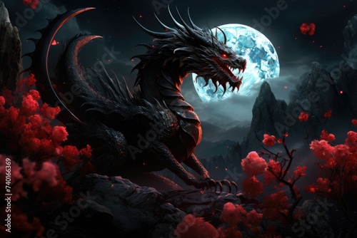 Majestic dragon perched on a rock under a bright full moon. Perfect for fantasy or mystical themes