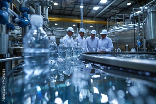 Modern factory process with team of service engineer in a water filtration control room and using a tablet computer to check process of raw water filtration for mineral water bottling production line photo