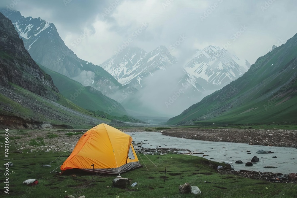 Tent set up in a mountainous tourist camp Focusing on adventure Exploration And the beauty of nature's landscapes.