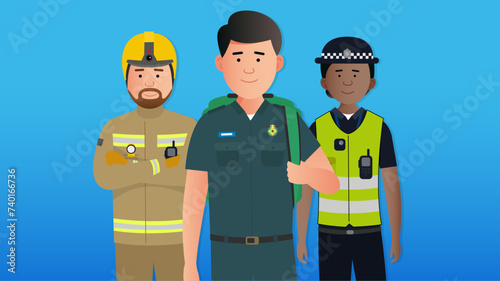 Simple flat emergency services first responders team vector characters. Diverse paramedic, police and firefighter. Characters doing different jobs in uniform. Easy to edit flat modern trendy style.