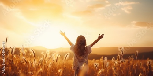 A woman standing in a field with her arms raised, suitable for various concepts and projects