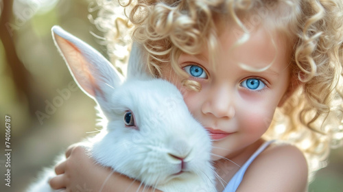 little happy child with a white rabbit in his arms