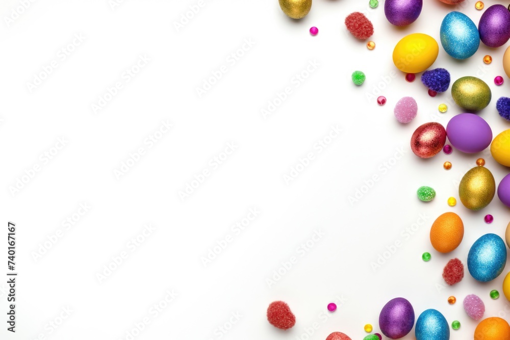Obraz premium Colorful Easter eggs arranged on a white background. Perfect for Easter holiday designs