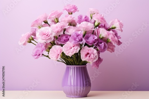 A purple vase filled with pink and white flowers. Perfect for home decor