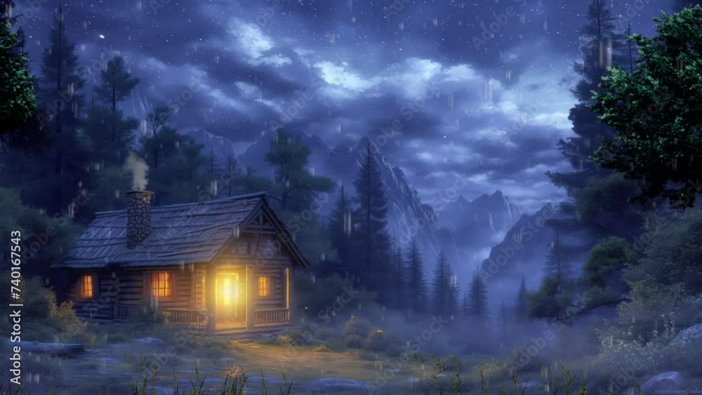 Fantasy raining mist nature landscape background with Traditional house and night sky animation background