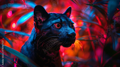 Fossa predator of the Malagasy nebula forests its sleek form a shadow amongst the neon flora photo