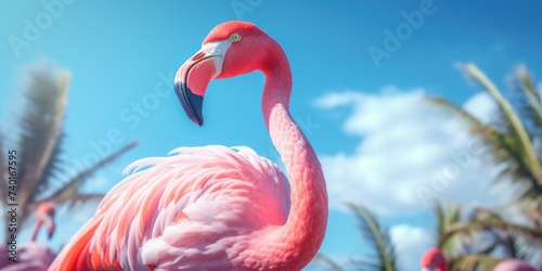 A pink flamingo standing gracefully in front of lush palm trees. Perfect for tropical themed designs © Fotograf
