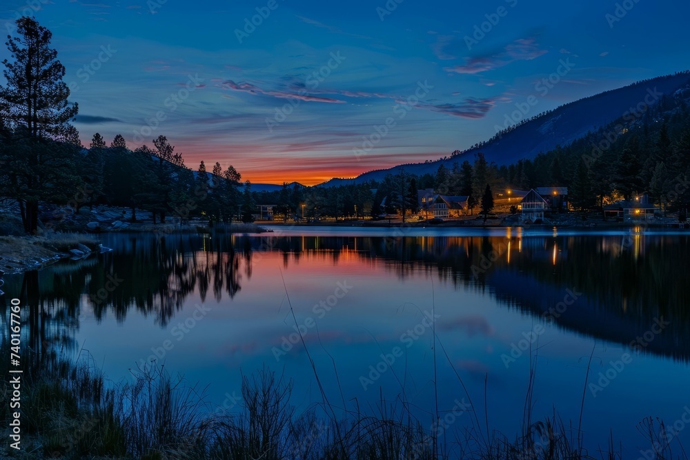 Twilight glow over a serene mountain lake Reflecting the first light of dawn on its surface.