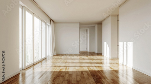 Empty room with white walls  wooden floor and window .