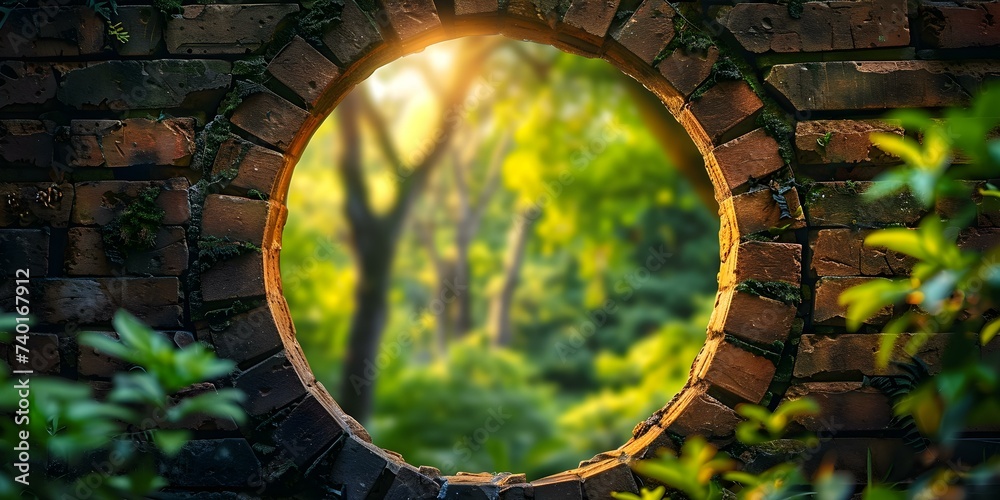 Discover a hidden world through a circular opening in a brick wall. Concept Adventure, Hidden
