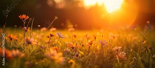 A captivating image of a field filled with lovely flowers, with the sun setting in the background. © AkuAku
