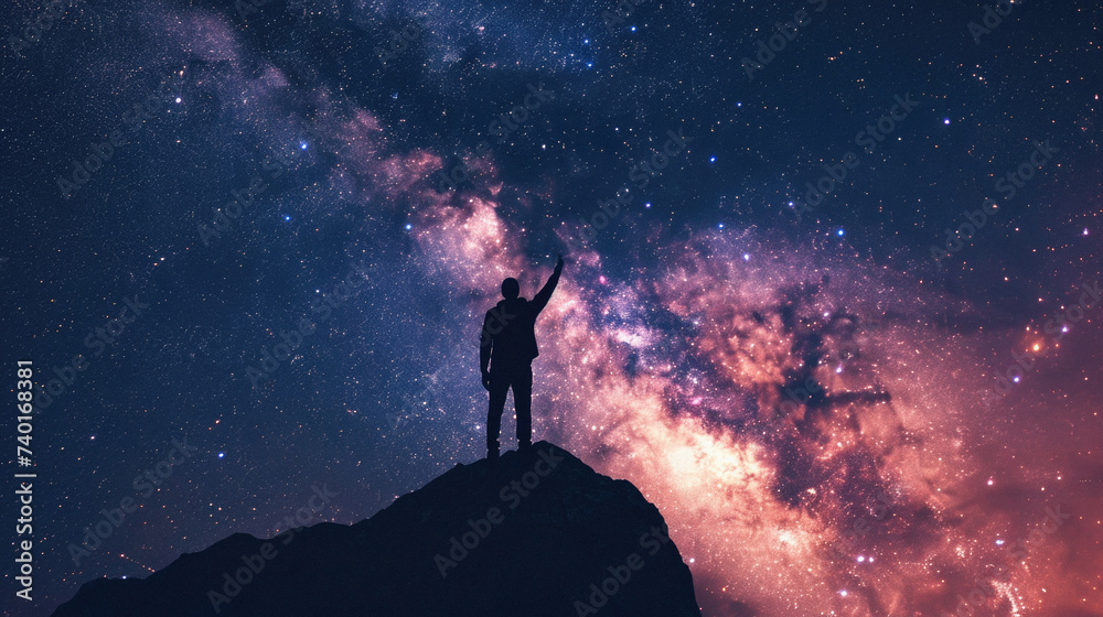 Man standing on top of the mountain and looking at the milky way .