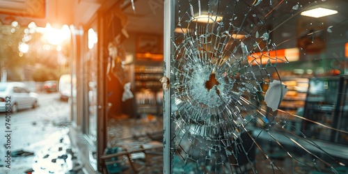 Burglary at retail store with looters breaking in and causing destruction. Concept Suspicious Activity, Theft, Vandalism, Retail Security, Crime Prevention photo