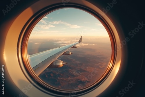 A view of an airplane wing through a window, suitable for travel concepts