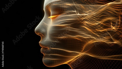 Futuristic Artificial Technology Concept with Flow of Glowing Neural Connections Forming a Golden Human Face Profile,