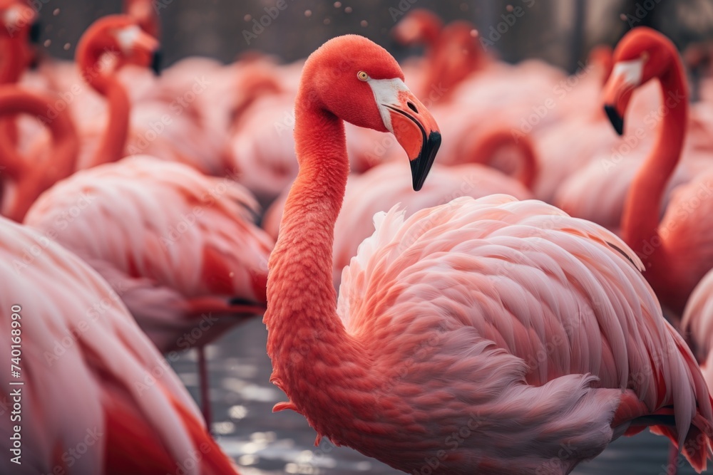 Obraz premium A flock of flamingos standing in the water. Suitable for nature and wildlife themes