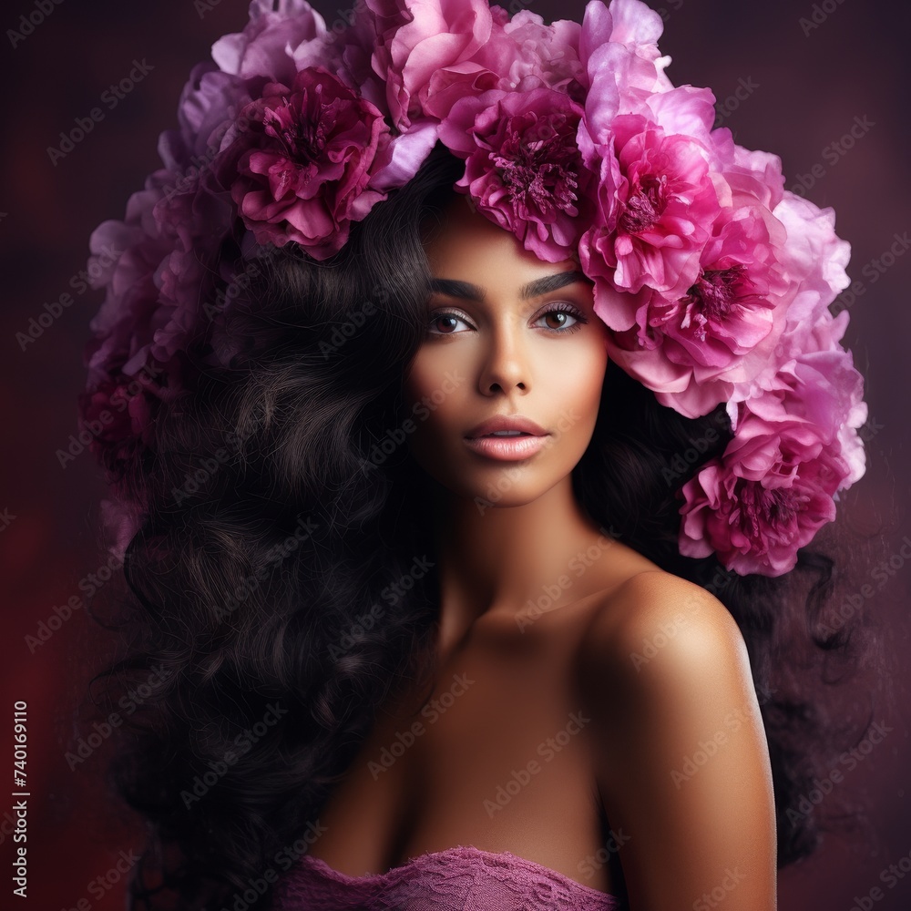 woman with flowers delicately arranged in her hair, adding a touch of natures beauty to her appearance