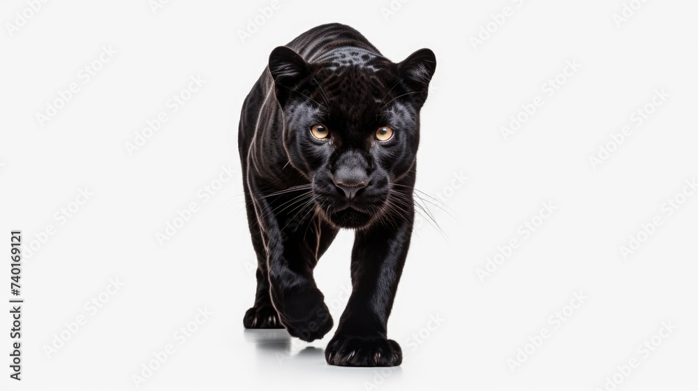 A majestic black panther walking on a white surface, suitable for various projects