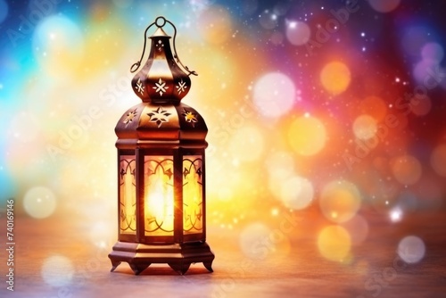 A glowing lantern on a table with bokeh lights in the background. Perfect for adding a cozy atmosphere to any design project