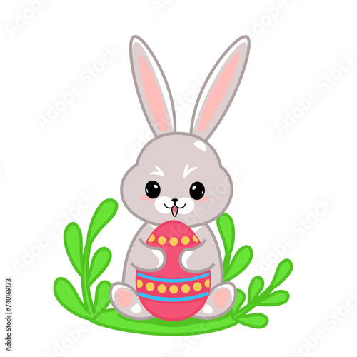 Cute Easter bunny rabbit holding a colorful Easter egg, greeting card, decorative element, vector illustration isolated on white background.