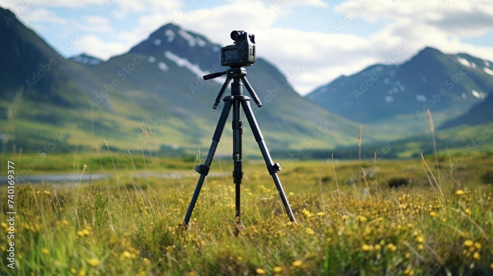 A scenic view of a tripod in a field with majestic mountains in the background. Suitable for outdoor photography concepts