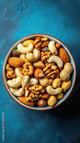 Mix of nuts in bowl on blue background, top view, copy space