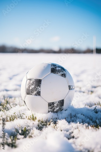 A soccer ball on a snow covered field, suitable for sports or winter themes © Fotograf