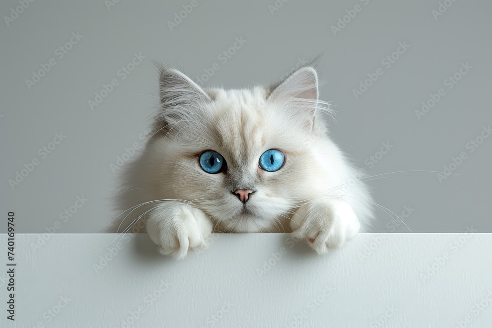 A striking white cat with mesmerizing blue eyes peers curiously over a white board, captivating viewers with its enchanting gaze