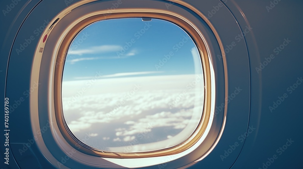 A peaceful view of the sky through an airplane window, perfect for travel concepts A peaceful view of the sky through an airplane window, perfect for travel concepts