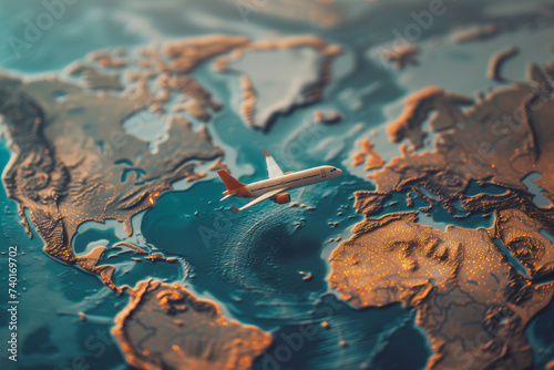 Model of an airplane on the background of a map. Air travel concept. Tourist season