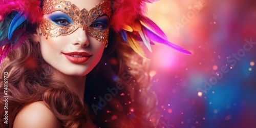 A woman wearing a carnival mask and feathers. Ideal for festive events and celebrations