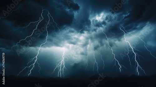 A dark sky with intense lightning strikes. Perfect for weather or natural disaster concepts