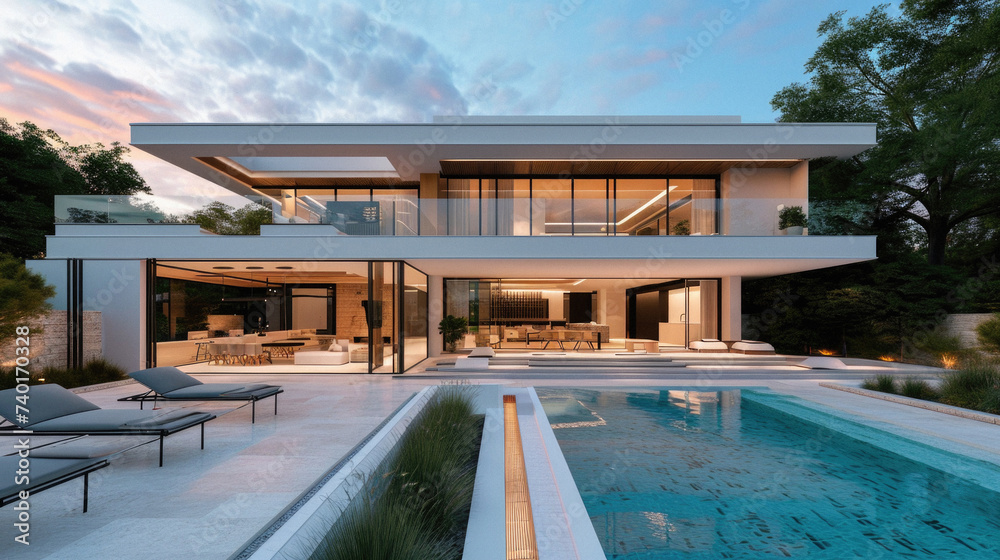 Obraz premium Of modern cozy house with pool and parking for sale or rent in luxurious style and beautiful landscaping on background. Clear summer evening with blue sky .