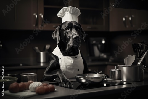 A black and white photo of a dog wearing a chef s hat. Can be used for cooking or pet-themed designs