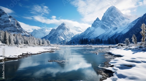 Reflective Mountain Range in Still Water of Mountain Lake