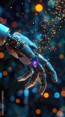 Robot hand with abstract light bokeh background .