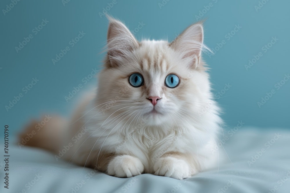 A beautiful white cat with mesmerizing blue eyes reclines peacefully on a soft bed, basking in the comfort of its surroundings