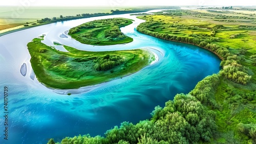 Watercolor summer river landscape vector illustration 