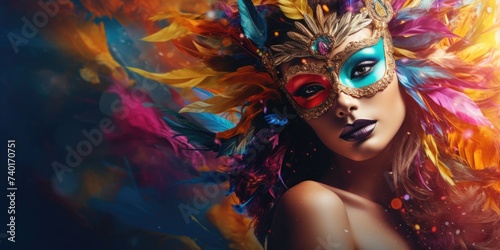 A woman wearing a colorful mask and feathers, perfect for festive events or Mardi Gras celebrations